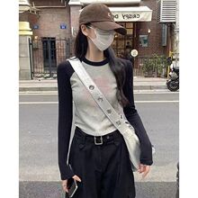 别致撞色拼接纯棉插肩袖t恤女长袖秋冬新爆款修身打底衫上衣短款