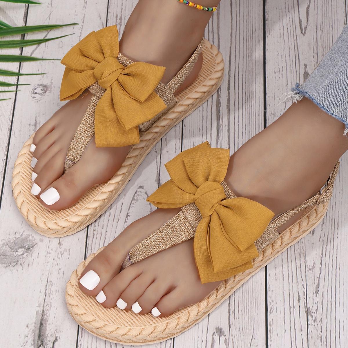 Women's Roman Style Solid Color Bowknot T-Strap Thong Sandals display picture 9