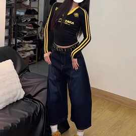 大码美式背后刺绣拼接弯刀裤牛仔裤女2025夏季新款阔腿七分裤短裤