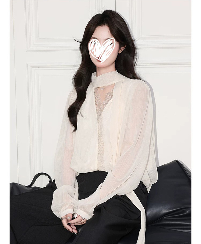 Atmospheric Apricot-Colored Ribbon V-Neck Thin Shirt for Women, Spring French Lace Lantern Long-Sleeve Chiffon Top