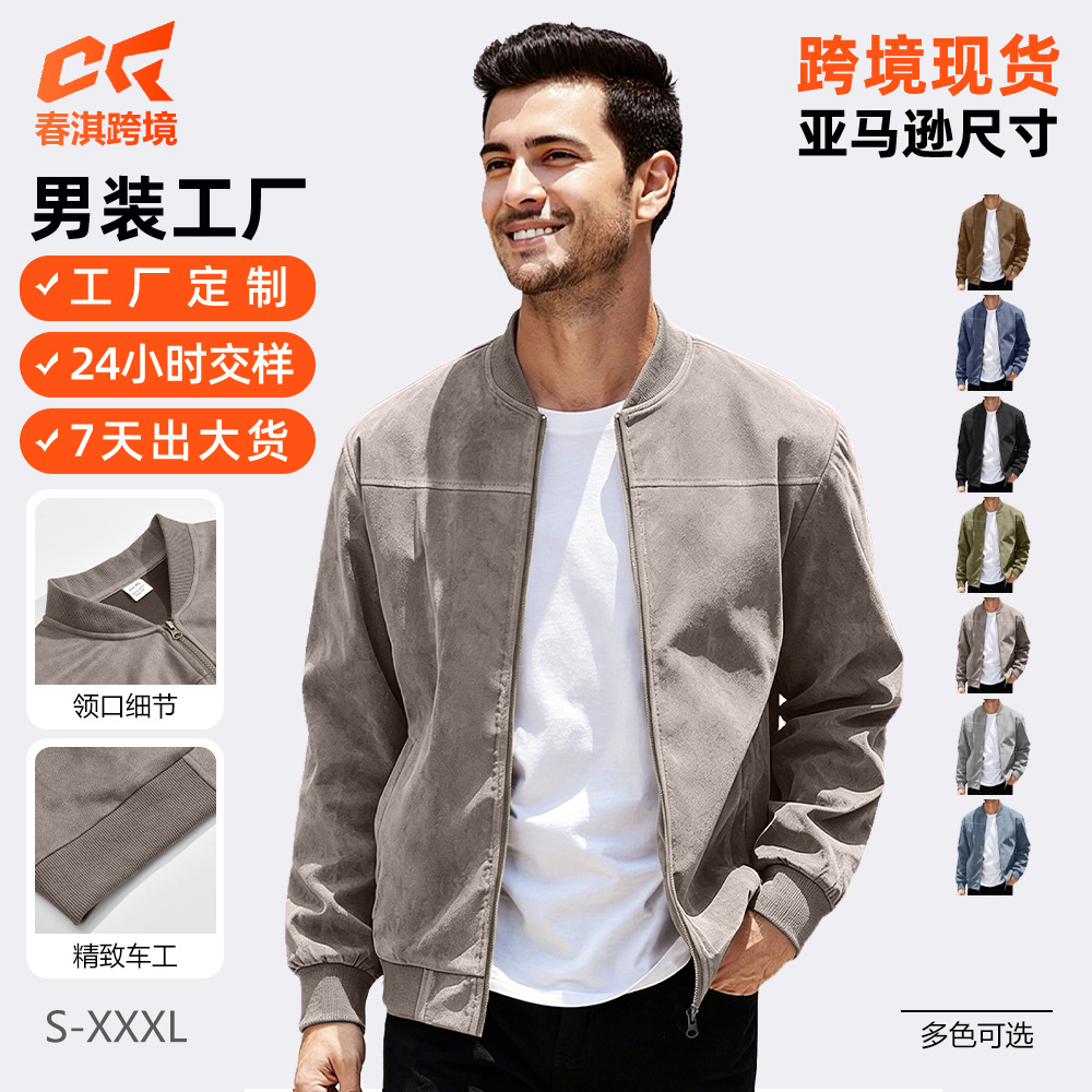 Chaqueta de aviador de gamuza para hombre, estilo europeo y americano, para otoño, color sólido, con cremallera, estilo retro americano, de manga larga.