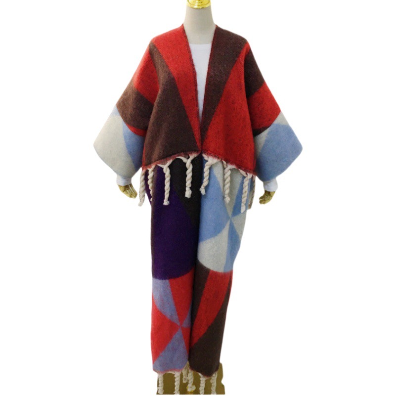 European and American new designer color geometric color matching robe double-sided printed scarf ethnic style shawl fashionable outer wear