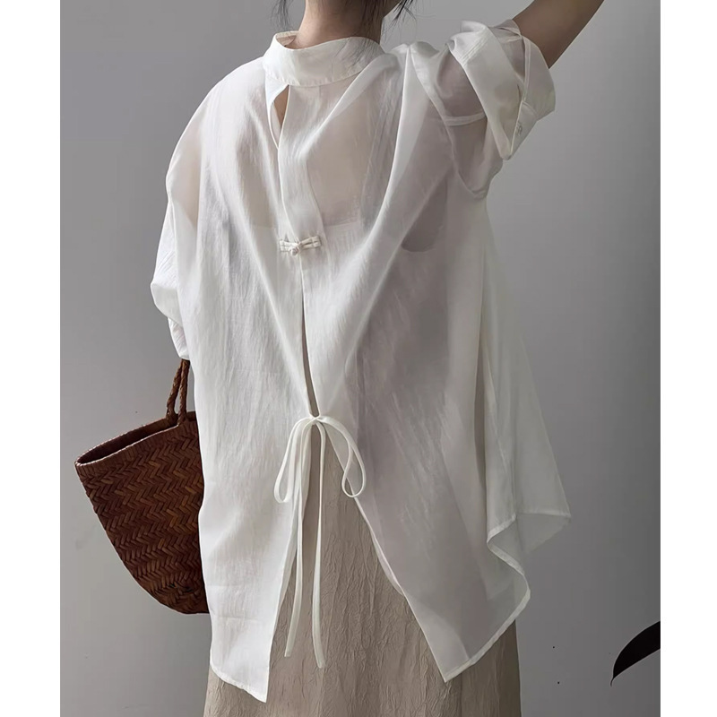 Back Button Tencel Shirt Women's Summer Tulle Sunscreen Pearlescent Perspective Open Back Split Top Sling Cardigan