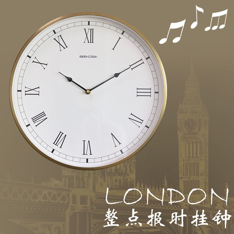 Hourly wall-mounted Westminster music time wall clock: distant sound…