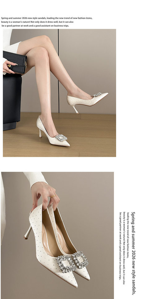 Giày cao gót nữ mũi nhọn gót 6–8 cm mặt satin đính đá và khóa vuông — Rượu vang đỏ, màu trắng ngà chi tiết 8