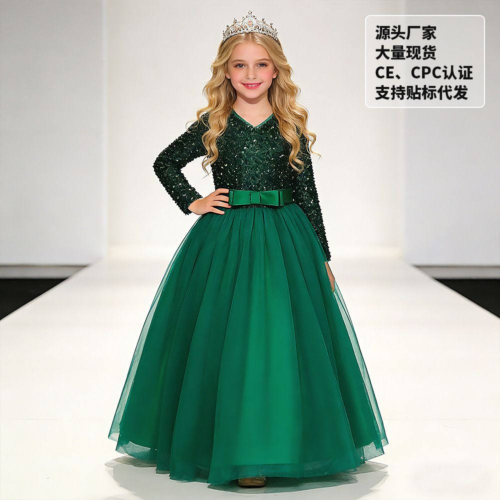 New autumn style for girls, export children's dresses, princess dresses, little host dresses, sequined mesh wedding dresses, and tulle skirts.