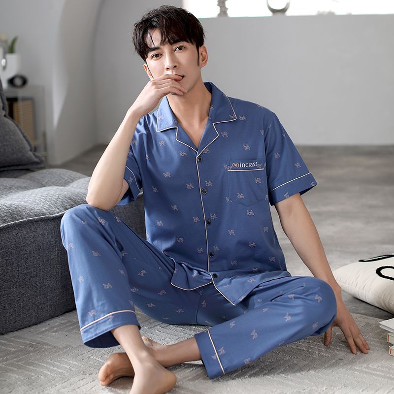 Pijamas pantalones de manga corta para hombres algodón verano delgado cardigan solapa ropa para el hogar más traje de tamaño