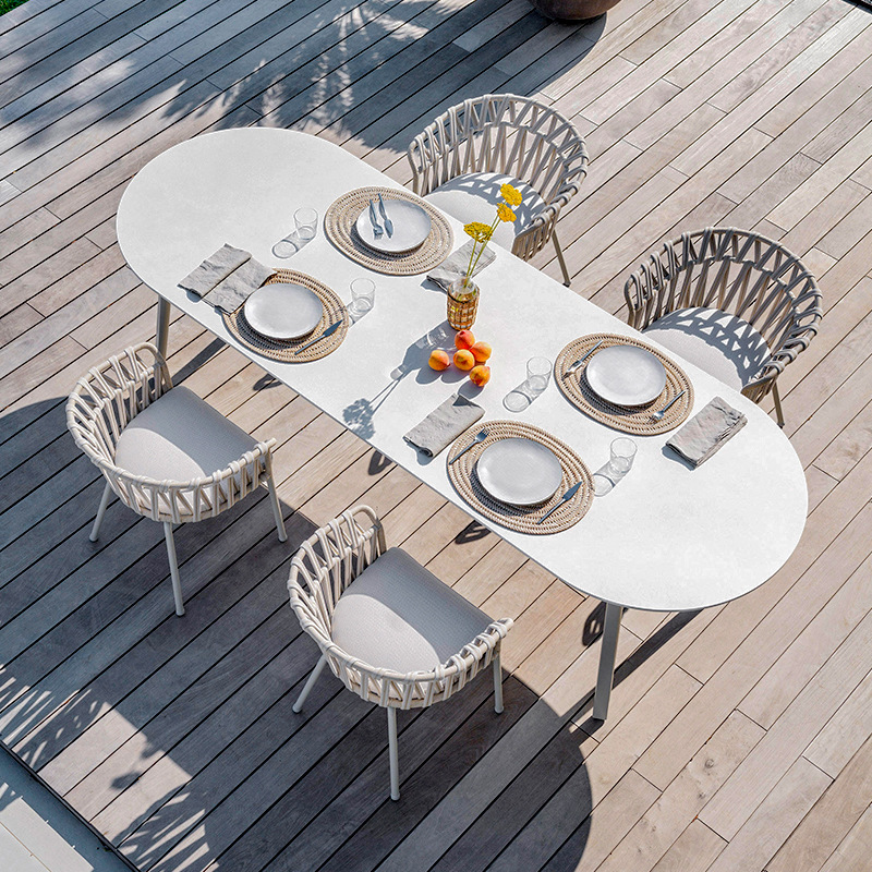 Mesas y sillas para exteriores, balcón con patio, protección solar, impermeables, muebles de ratán para ocio, terraza de jardín al aire libre, juego de mesa larga de ratán. image 3