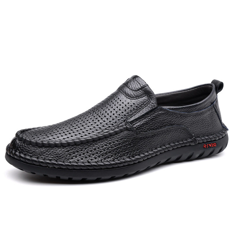 Dép sandal nam da bò thật thoáng khí lỗ rỗng, dép lê mùa hè gót thấp 1-3 cm — nâu, đen