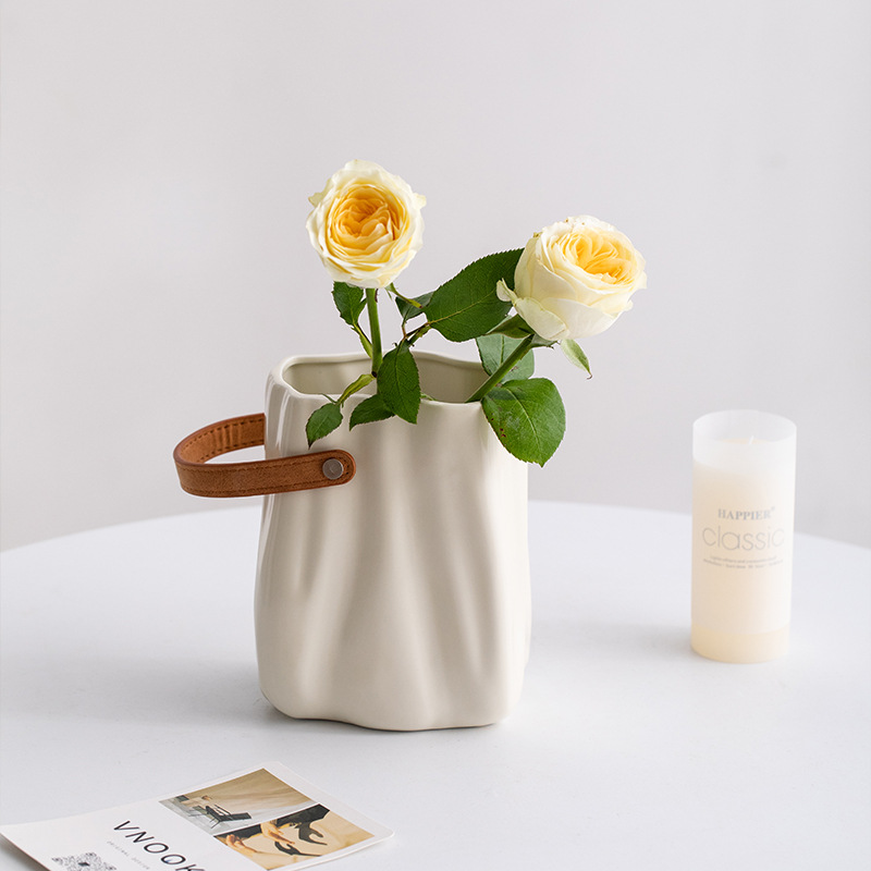 Chuanmen Creamy Mouth Ceramic Flower Vase, Nordic Style, Dried Flower Decoration, Living Room Flower Arrangement, Dining Table Decor, Modern Flower Pot