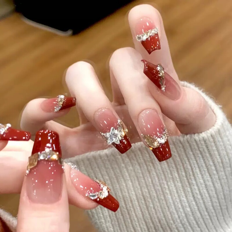 2026 New Year Style Atmospheric Berry Red French Style Sparkling Elegant Press-On Nail Art Stickers Wholesale 2026 New Year Style Atmospheric Berry Red French Style Sparkling Elegant Press-On Nail Art Stickers Wholesale