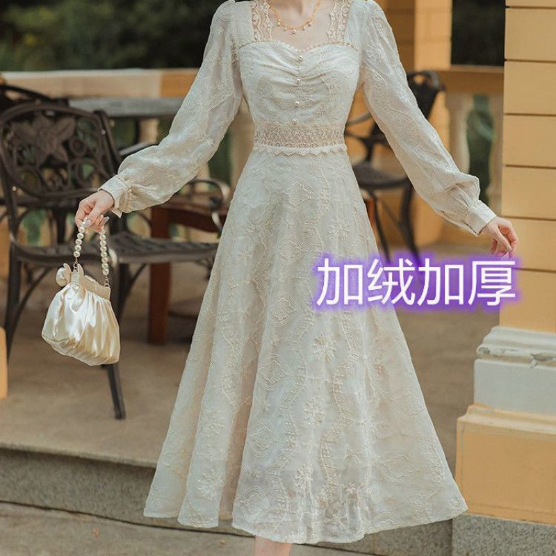 不加绒/加绒 蕾丝长裙女桔梗法式宫廷风连衣裙复古温柔年新款|undefined