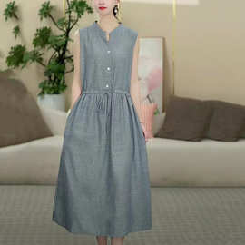 文艺气质条纹连衣裙女夏季新款棉麻透气系带显瘦连衣裙