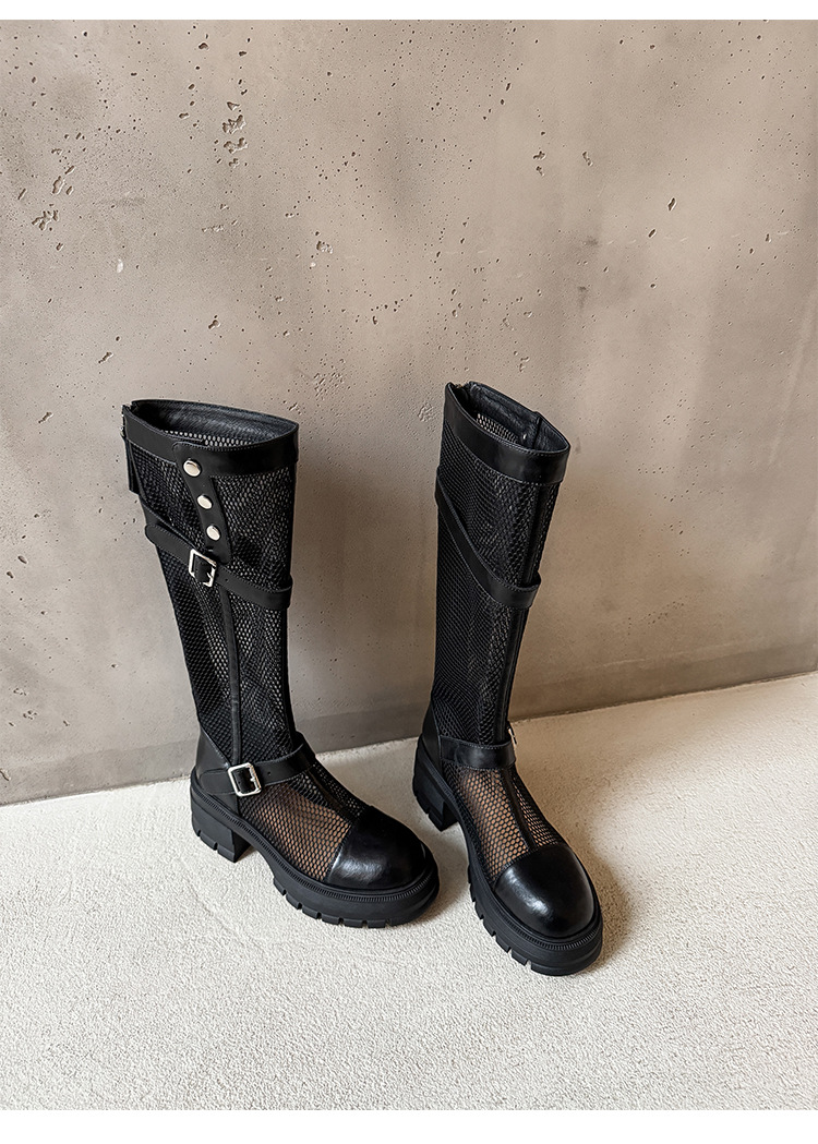Boot nữ cổ cao ôm bắp chân da thật phong cách dây đai khóa, đế dày gót thô — Ống tiêu chuẩn nâu, Ống mở rộng đen, Ống mở rộng nâu, Ống tiêu chuẩn đen chi tiết 12
