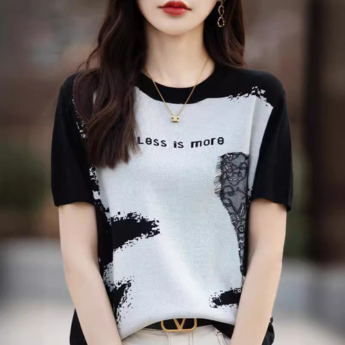 Silk-Spandex Selar Knit T-Shirt with Letter Art Embroidery Short-Sleeve Summer Chinese Loose-Fitting Slimming Top