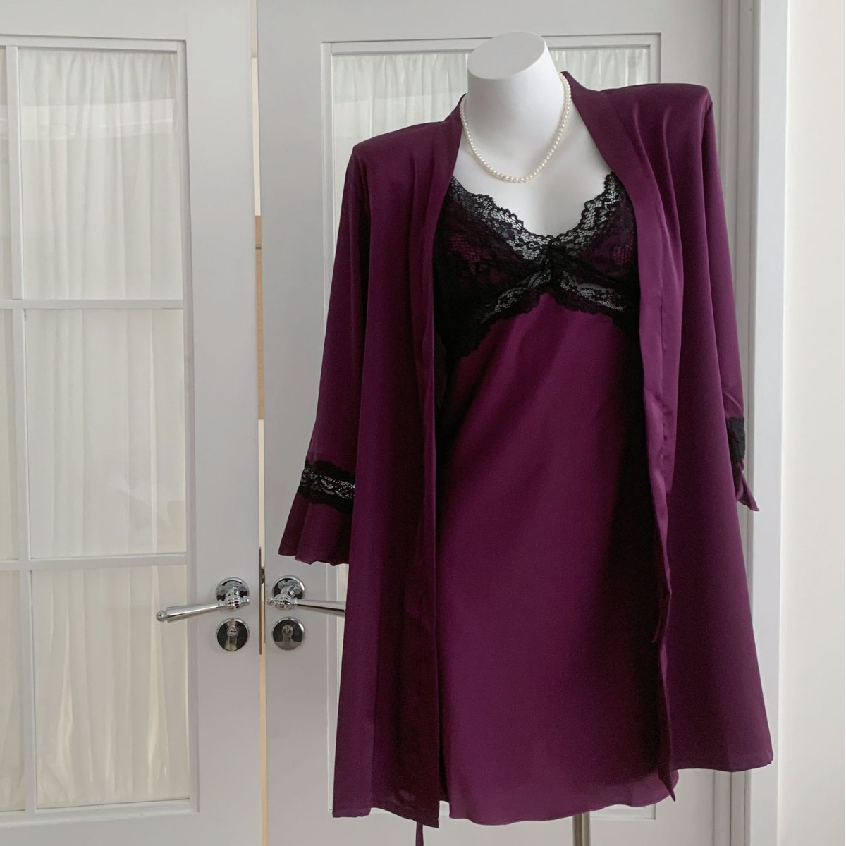 Purple Style Sexy Pajamas Women's Ice Ribbon Chest Cushion Lace Sling Nightgown with Outer Robe Home Clothes