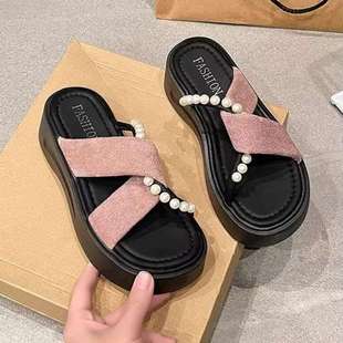 French-Style Beautiful Sandals and Slippers for Women to Wear Outside in Summer 2025 New Style Pearl Cross Thick Sole Heightening with Skirt