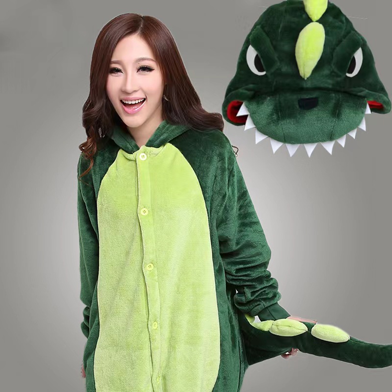 Autumn and Winter Dinosaur Cartoon Animal One-Piece Pajamas for Men and Women, Short-Sleeved Home Clothes, Flannel