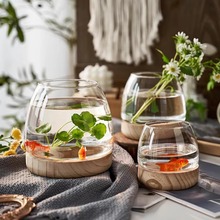 现代简约透明木托鱼缸玻璃高级感花瓶家用水培高颜值摆件ins风
