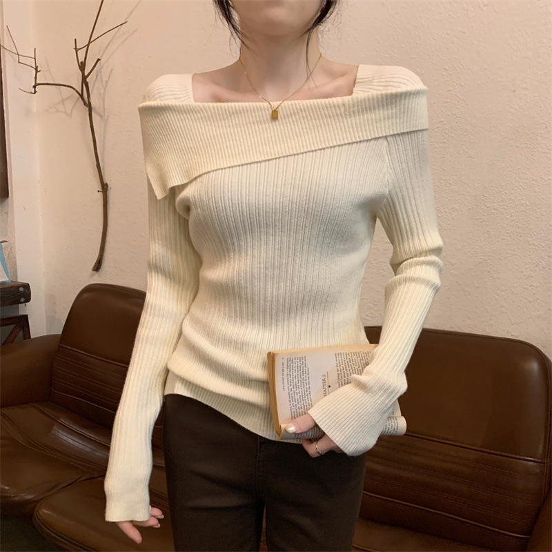 一字肩针织打底衫女秋季新款不规则内搭法式高腰正肩锁骨长袖上衣|undefined