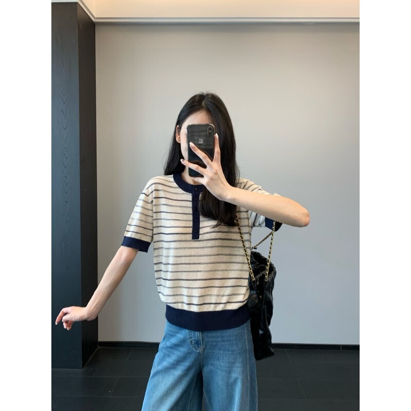 Stripes Lover's Must-Have! Skin-Friendly Breathable Linen Lyocell Slim-Fit Henley Collar Striped Short-Sleeve T-Shirt for Women Summer H052723