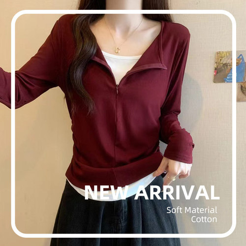 Angola Red False Zip Long-Sleeve T-Shirt for Women, Slim-Fitting, Outerwear for Autumn, Large Size Base Shirt Top