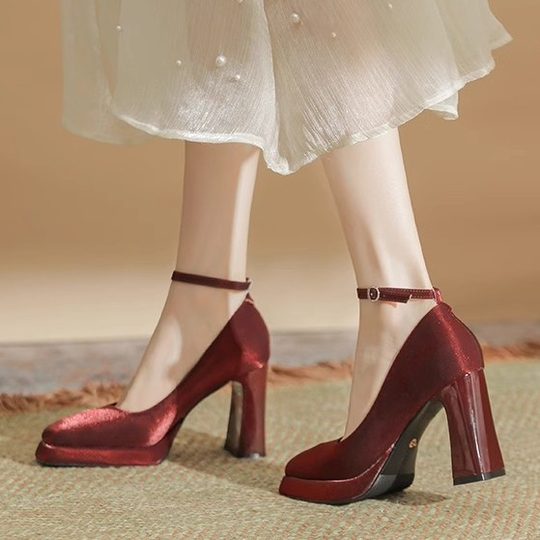 White Platform High Heels Women's Thick Heel Mary Jane Satin Square Heel Bridal Shoes Wedding Shoes Wedding Shoes