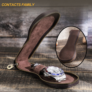 CONTACTS FAMILY Vintage Crazy Horse Cowhide Single Watch Bag Dustproof Mechanical Watch Storage Box