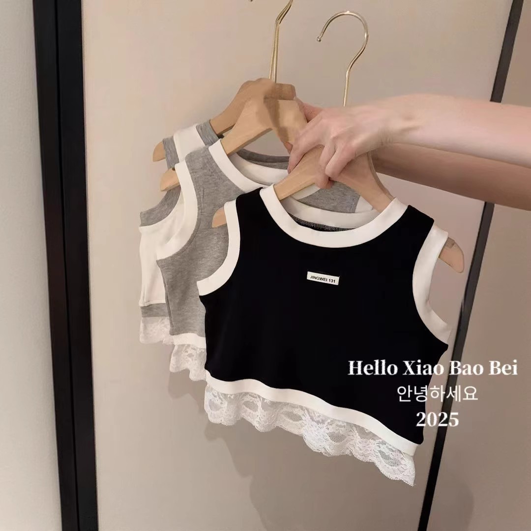 Ropa para niños coreanos 2025 primavera y verano camiseta para niñas costura de moda chaleco de encaje casual tendencia deportiva de estilo occidental para niños