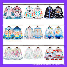 批发复古casabulca 线条椰树 西西里风度假旅游丝绸休闲长袖衬衫