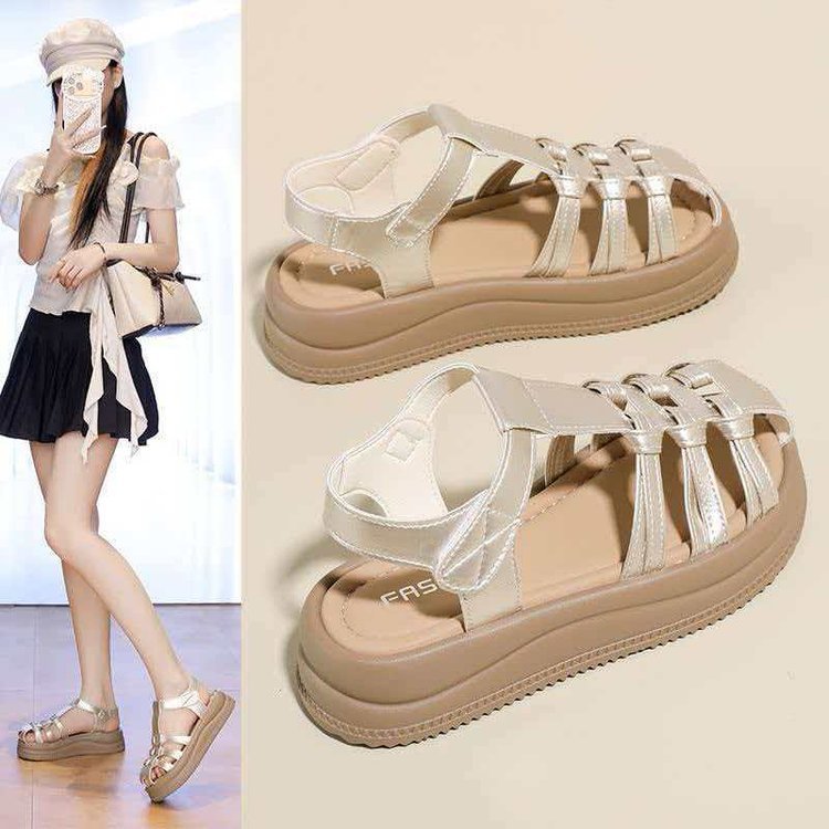 Baotou sandalias romanas para mujeres 2026 nuevo verano hueco sandalias de playa de fondo grueso moda versátil tejido zapatos de jaula de cerdo