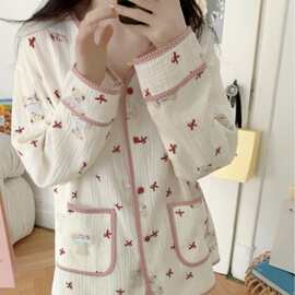 韩国ins女士春季新品韩版可爱蝴蝶结纱布撞色拼接睡衣套装家居服