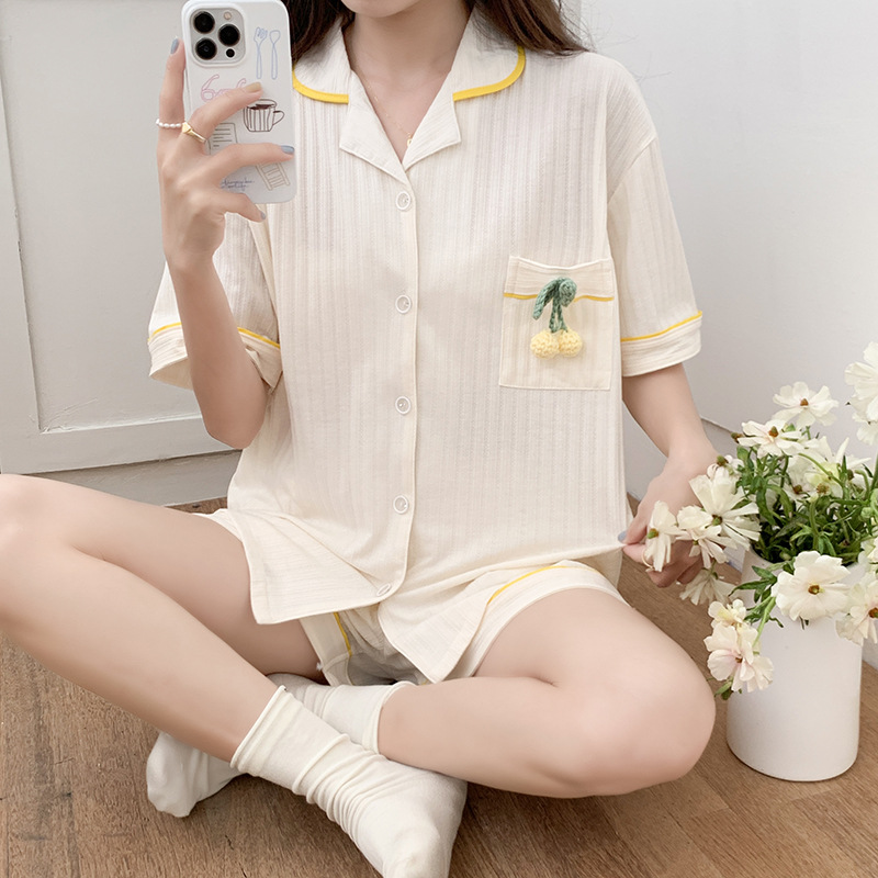 夏季罗纹提花棉睡衣女士翻领开衫口袋樱桃毛线短袖短裤家居服套装