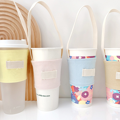 Portable portable insulated milk tea and coffee drink portable cup cover with candy color strap and hand-carrying canvas cup cover
