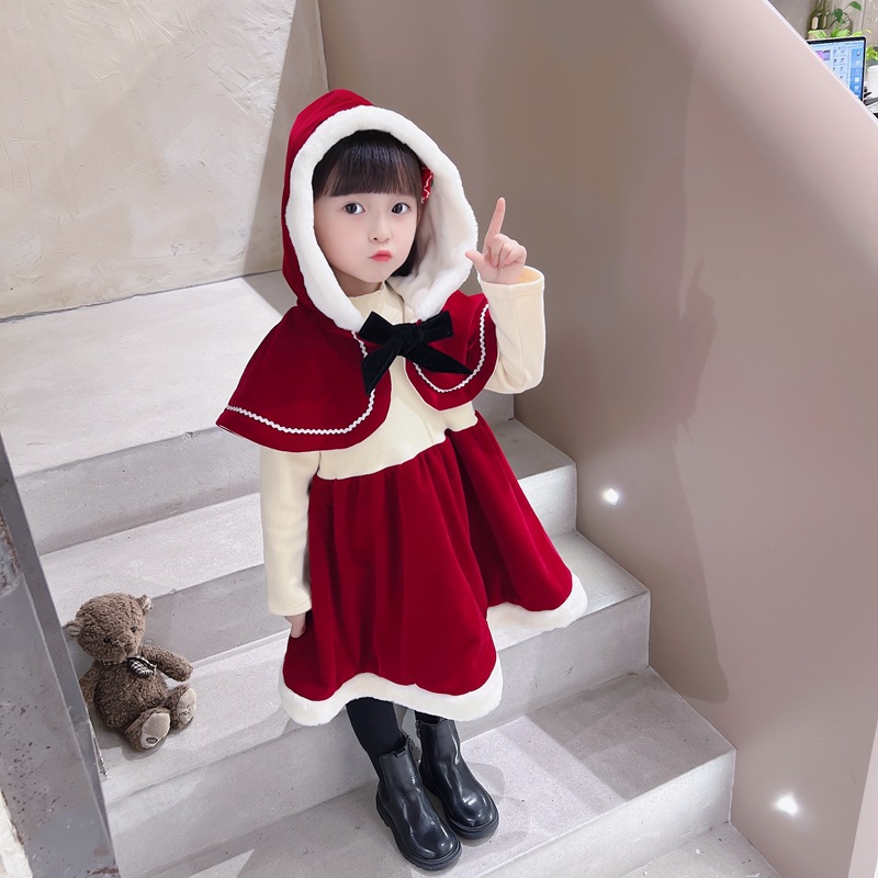 Mädchen Weihnachten Mantel Hut 2023 Neue Kinder Samt Verdickt Schal Rot Kleid_voghion.com