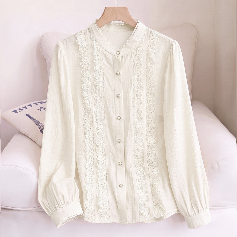 French Romantic Style Lace Trim Long Sleeve Shirt for Women, 2026 Autumn New Off-White Loose Casual Commuting Top French Romantic Style Lace Trim Long Sleeve Shirt for Women, 2026 Autumn New Off-White Loose Casual Commuting Top