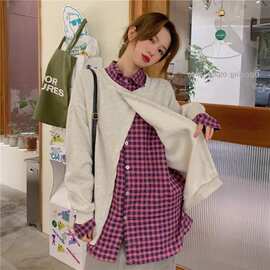 棉假两件衬衫加绒卫衣女秋冬中长款