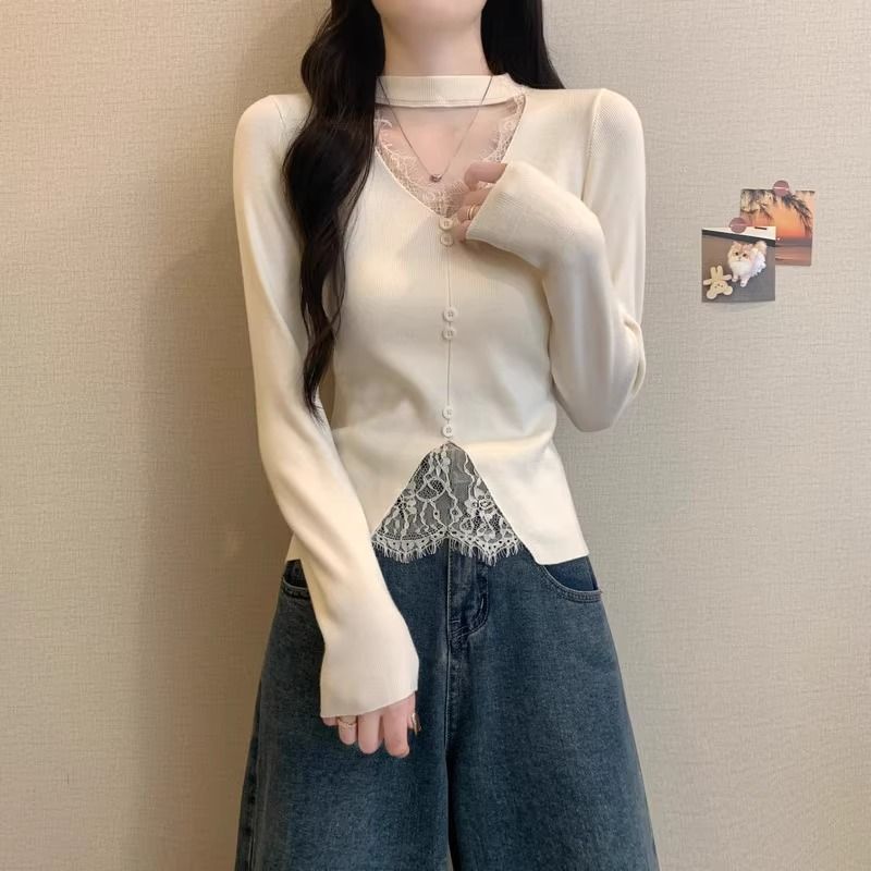 2025新款V领挂脖打底衫女秋冬内搭毛衣小个子亮色千金御姐上衣|undefined
