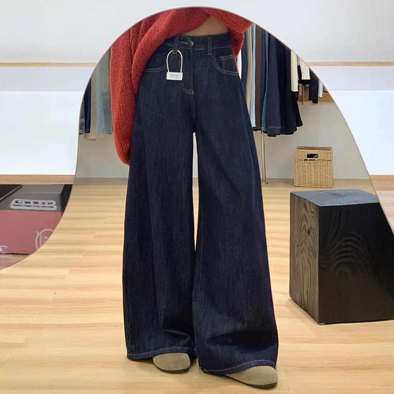 Dark blue denim wide-leg jeans for women, summer thin style, plus size, slimming, high-waisted, loose, drapey straight pants