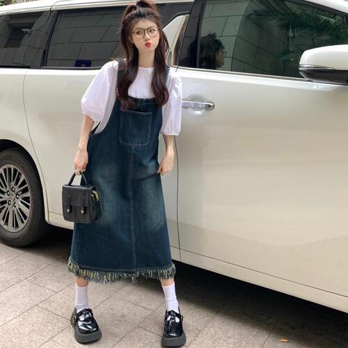 Two-Piece Sweet French Tea Party Dress with Denim Fringe Belts for Children and Students + Bubbling Sleeve Shirt