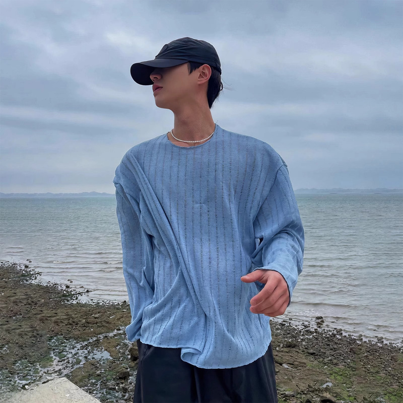 Blue Summer Striped Long-Sleeve T-Shirt with a Unique Design, Loose Fit, Men's Crew Neck Base Shirt, Versatile and Stylish Top Blue Summer Striped Long-Sleeve T-Shirt with a Unique Design, Loose Fit, Men's Crew Neck Base Shirt, Versatile and Stylish Top