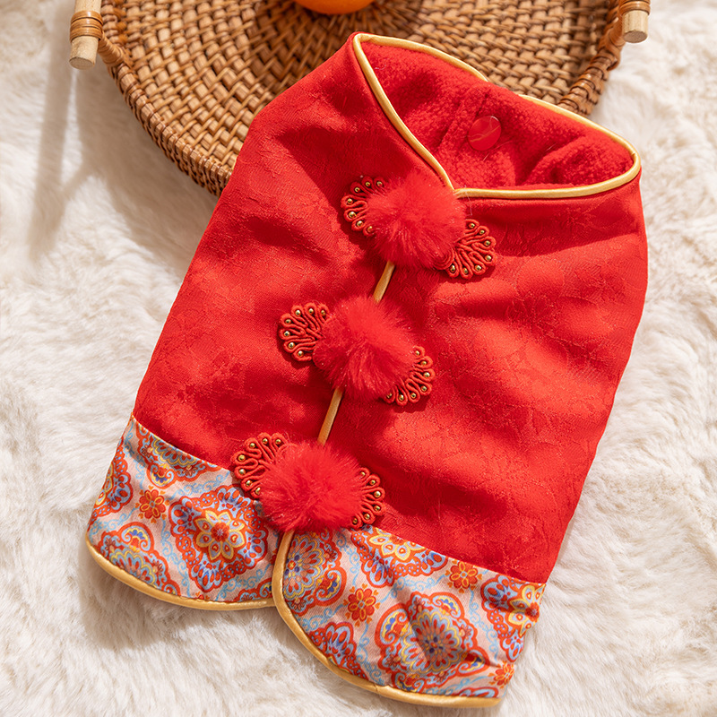 Dog Clothes Teddy New Year Festive Han Dynasty Chinese Plum Blossom Dark Pattern Tang Suit Buckle Vest New Year Pet Clothes