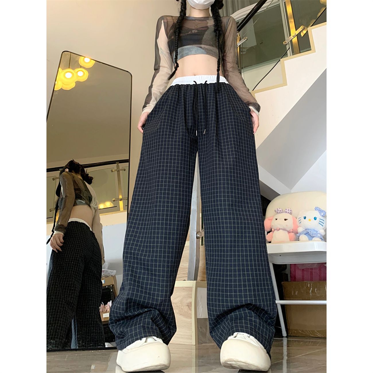 Contrast Color White Waist Plaid Spring, Autumn and Summer Thin Cotton and Linen Wide-Leg Pants Casual Pants Women's High-Waisted Walking Pants Foreign Trade Wholesale