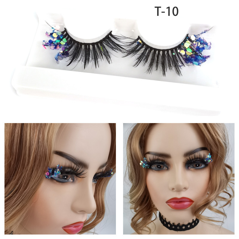 Color ojo de gato 3D pestañas postizas maquillaje de escenario natural cola de ojo brillo lentejuelas fluorescentes gruesas pestañas europeas y americanas exageradas