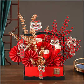 居家新年福桶插花仿真红果冬青果金色尤加利银杏叶发财果装饰摆件