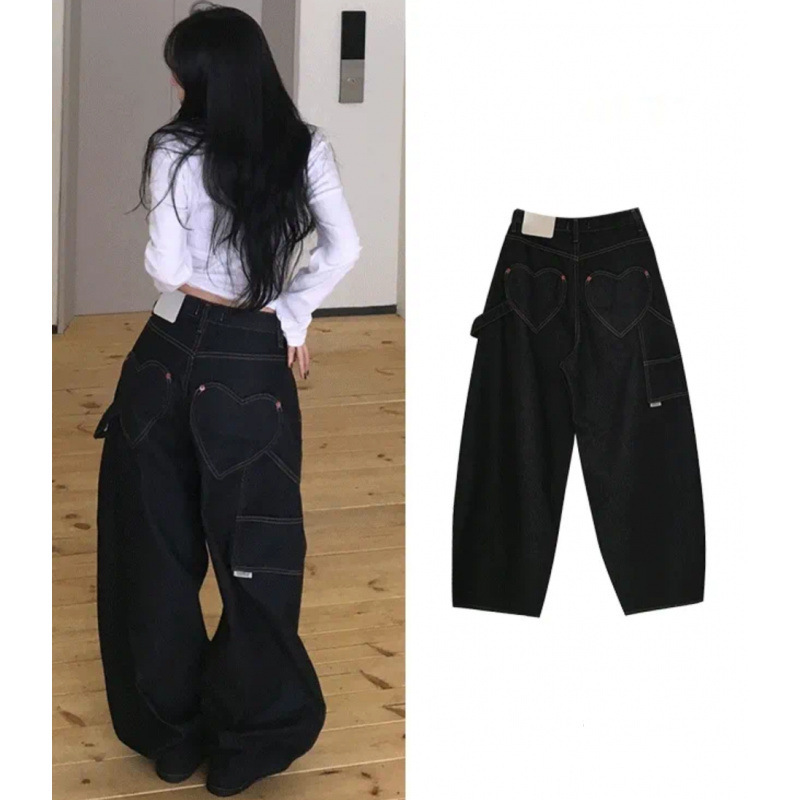 Korean Style Fresh and Simple Elegant Heart-Shaped Silhouette Sweet and Spicy Wide-Leg Jeans Versatile High-Waisted Loose Slimming Long Pants for Autumn