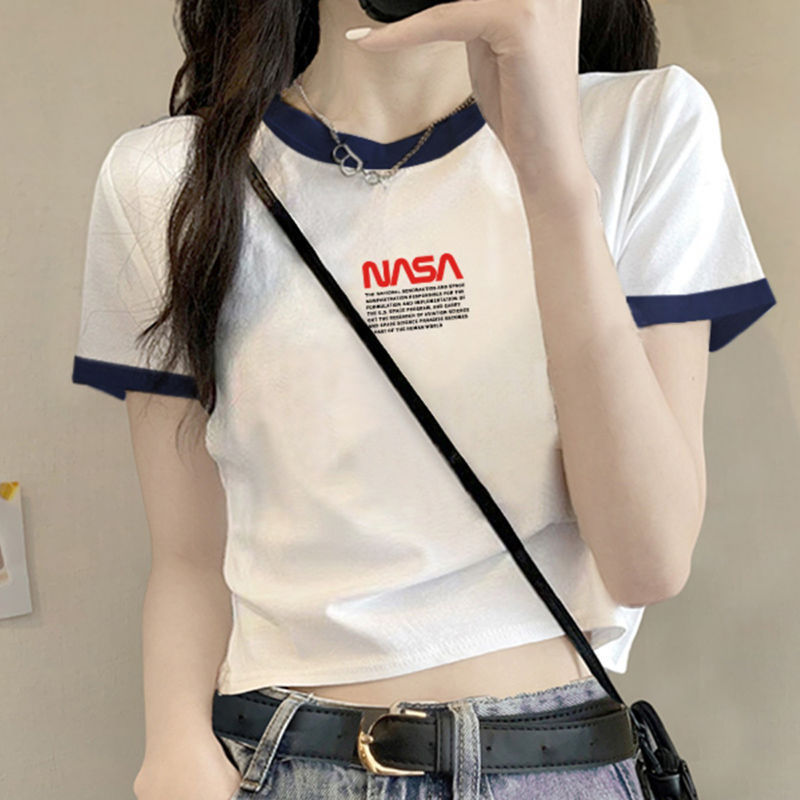 Short Hong Kong Flavor Contrast Color Matching Short Sleeve T-shirt Women's Sweet and Spicy Stitching Chic Summer Ins High Waist Internet Popular Top