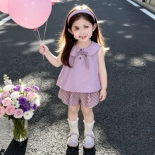 女童夏季套装2026新款背心格子花苞裤可爱洋气宝宝套装两件套夏装