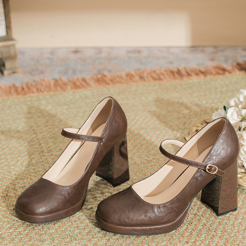 2026 Spring and Autumn New Waterproof Platform High Heels Women's Chunky Heel Strap Mary Jane Shallow Brown Single Shoes for Women 2026 Spring and Autumn New Waterproof Platform High Heels Women's Chunky Heel Strap Mary Jane Shallow Brown Single Shoes for Women