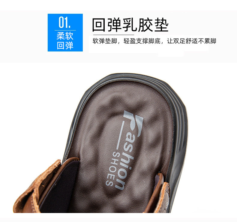 Dép sandal nam da bò hở ngón gót bằng 2,5 cm thoáng khí chống trượt — Kaki, Màu đen chi tiết 9